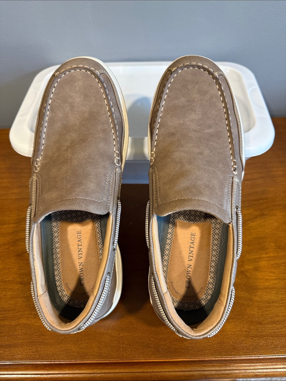Crown Vintage Pemberly Taupe Slip-On Boat Shoes with White Sole